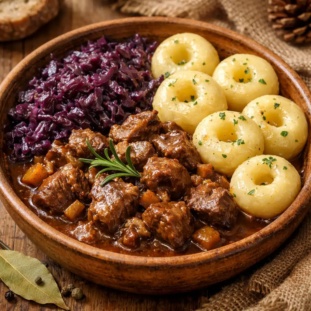 Gulasz z dzika z kluskami śląskimi i modrą kapustą w rustykalnej misce