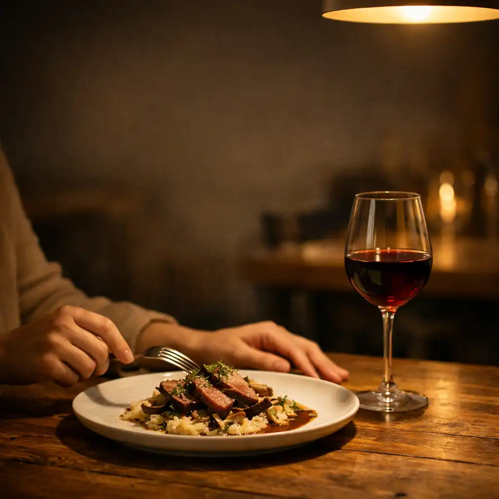 Stół restauracyjny z lampą, talerzem i kieliszkiem wina w ciepłym świetle