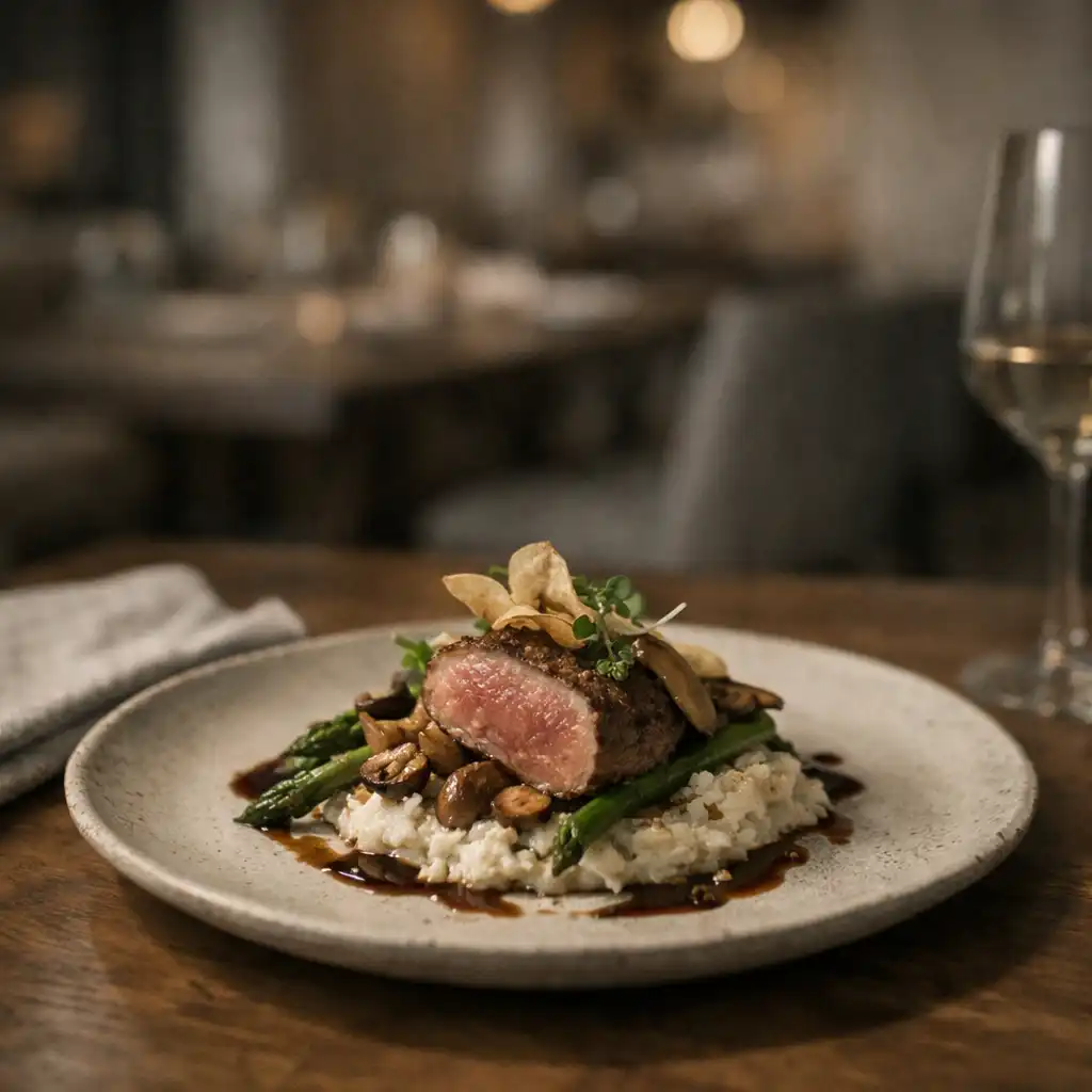 Ciepłe, punktowe światło nad stołem w restauracji, na talerzu elegancko podane danie