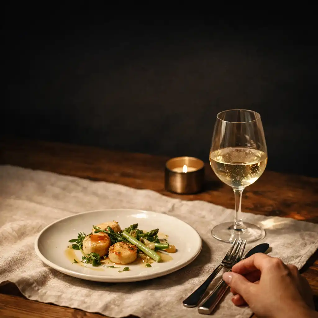 Ciepły, bliski kadr stołu restauracyjnego w półmroku z talerzem, kieliszkiem i dłonią gościa