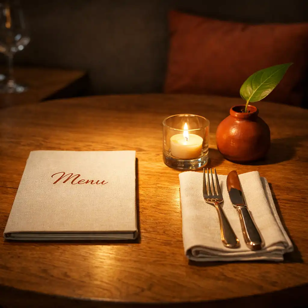 Zbliżenie na stół restauracyjny z drewnianym blatem, nakryciem i świecą