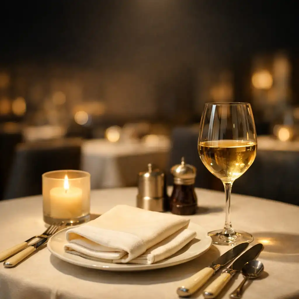 Ciepło oświetlony stół restauracyjny z nakryciem, świecą i kieliszkiem wina