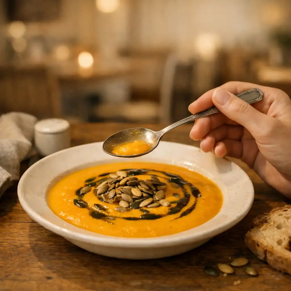 Krem z dyni z olejem z pestek dyni i prażonymi pestkami, podany w ciepłym świetle restauracji