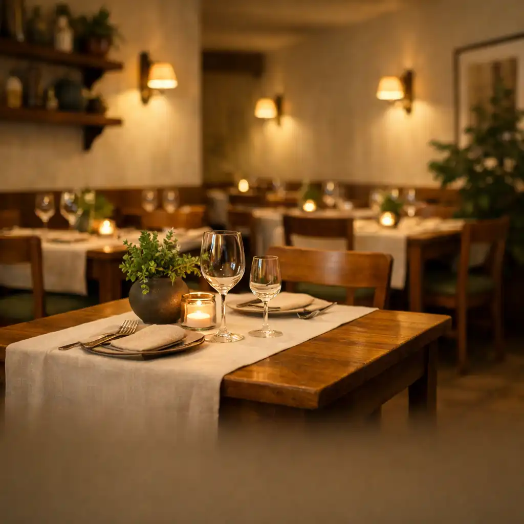 Wnętrze restauracji z drewnianymi stołami i krzesłami oświetlonymi punktowymi lampami
