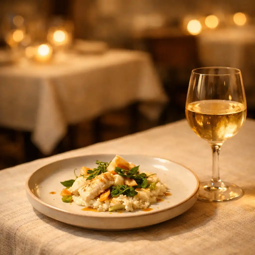 Stół w restauracji Smakowe Zacisze oświetlony ciepłym, punktowym światłem lampy